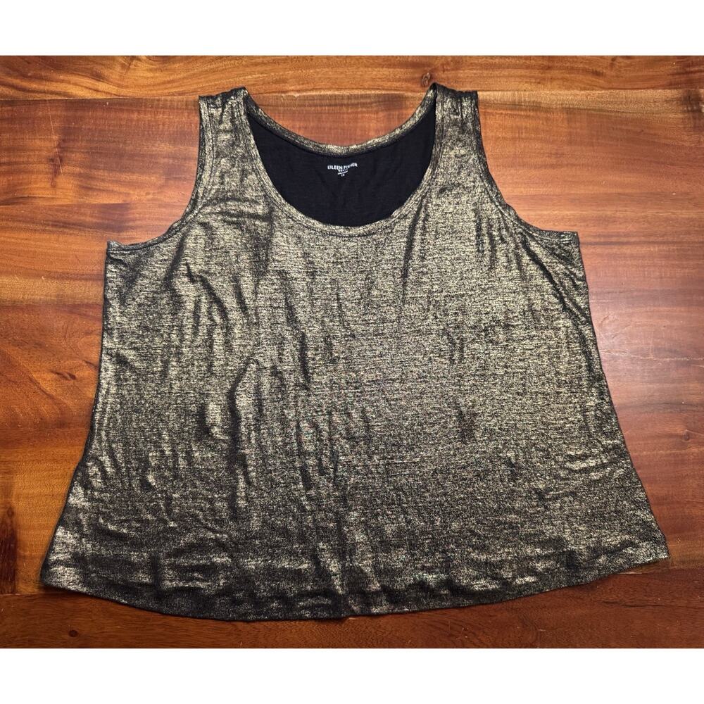Eileen Fisher Woman Black Gold Metallic Shimmer Organic Linen Tank Top Plus 1X